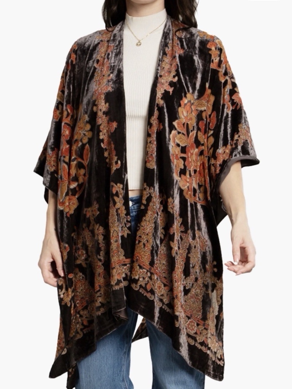 SAACHI Womens Velvet Semi Sheer Open Front Kimono Cardigan OS Autumn Boho